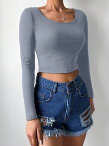 Solid Scoop Neck Crop Tee - Grey - View 5