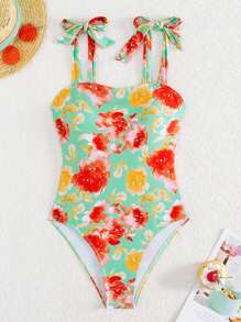 SHEIN Swim 夏季女士连体花卉印花细肩带泳衣新年 - 彩色 - 查看 3