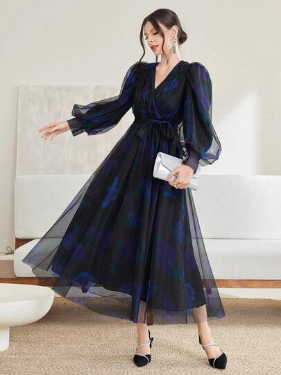 Modelyn Women's Floral Printed Mesh Lantern Sleeve Belted Dress