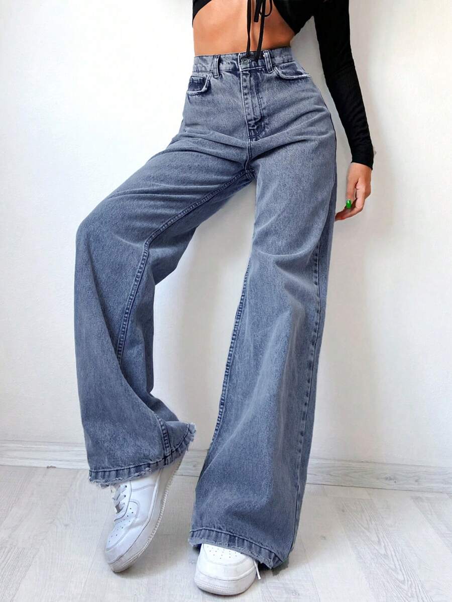 RueChic Quần Jeans Ống Rộng Cạp Cao - Màu xanh lam - Xem 1