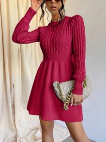 SHEIN Cottnline Cable Knit Long Sleeve Sweater Dress - Hot Pink - View 6