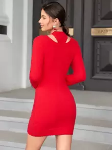 SHEIN Unity 女士純色中空拉鍊前開針織連衣裙 - 紅色 - 查看 2