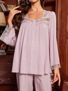 Moonlight&Mama Maternity Lace Patchwork Pajama Set, Fall Winter Clothes - Dusty Pink - View 6