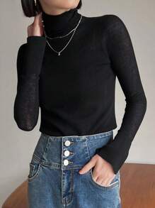FRIFUL Màu thuần Áo cao cổ Thon gọn Tay áo dài Áo len - màu đen - Xem 6