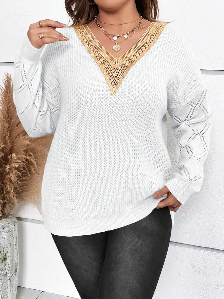 Women's Plus Size Lace Patchwork Drop Shoulder Pullover Sweater, Knit Pullover Fall Winter