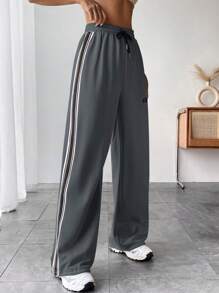 SHEIN Unity 條紋側抽繩腰慢跑褲 - 深灰色 - 查看 1