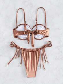 SHEIN Swim 比基尼泳装套装，带褶皱细节、侧系带和结音乐节夏季 - 咖啡棕 - 查看 2