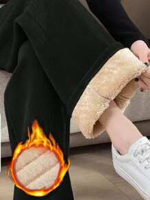 Vibekara 大码男式贴布细节保暖内衬长裤，冬季 - 黑色 - 查看 1