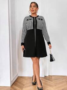 SHEIN Privé 女士加大码优雅千鸟格印花拉链长袖连衣裙，收腰设计，适合春季穿着 - 黑與白 - 查看 4