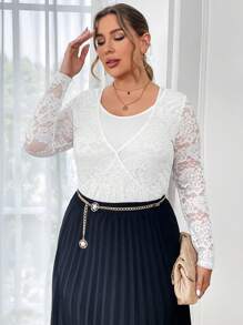 SHEIN Privé Plus Size Long Sleeve Floral Lace Top - White - View 1