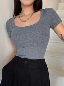 DAZY Solid Color Round Neck Tight Short Sleeve T-Shirt,Crop Tops Women - Grey - View 4