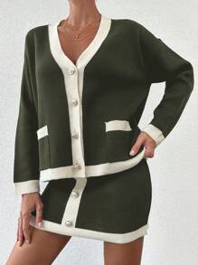 EURMUSE 女款拼色針織開襟衫和吊帶背心套裝,正面扣環和裝飾邊緣 - 墨綠色 - 查看 5
