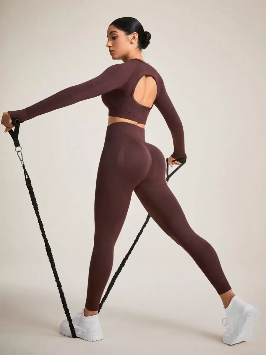 Easithlete Bộ đồ thể thao liền mạch màu trơn co giãn cao có thiết kế khoét lưng rỗng dành cho nữ Bộ đồ tập gym dành cho nữ - màu nâu - Xem 1
