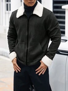 男士拼布泰迪絨拉鍊夾克 - 黑色 - 查看 3