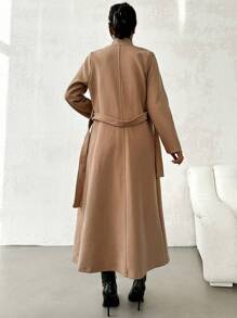 EURMUSE Solid Belted Button Front Overcoat - Beige - View 2