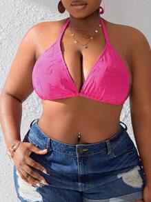 SHEIN Swim Curve 加大尺碼椰樹和浮雕三角杯比基尼上衣 - 玫紅色 - 查看 6