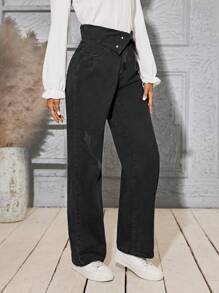 SHEIN LUNE Turn-Over Straight-Leg Denim Trousers - Black - View 6