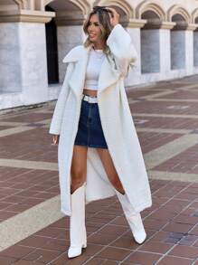 RueChic Abrigo tipo teddy con cuello vuelto y hombros caídos, abrigos sueltos de mujer lisos y blancos de uso casual para finales de otoño, para uso diario casual