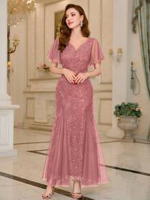 Sequin Lace Sweetheart Neck Ruffle Sleeve Evening Party Maxi Dress, Homecoming Dress, Wedding Guest Dress, For Birthday, Formal Events, Graduation