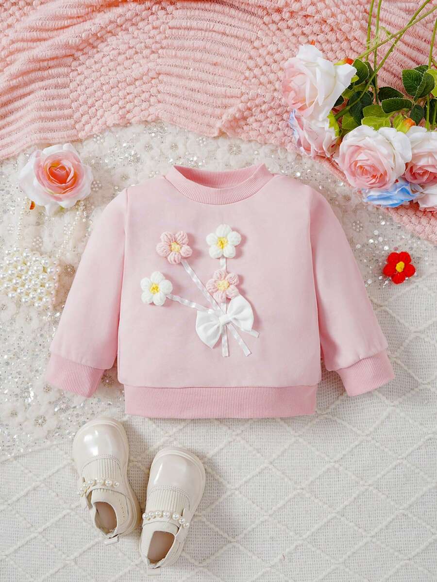 Em bé Cô gái Tay áo dài Áo nỉ Với 3D Hoa & Nơ Đồ trang trí - Bụi hồng - Xem 1