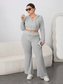 SHEIN Essnce 大尺碼純色連帽抽繩休閒兩件套 - 灰色 - 查看 4