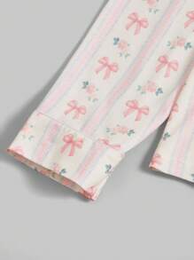 ROMWE Kawaii Plus Size Vertical Striped Butterfly Floral Pajama Set, School