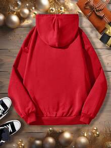 SHEIN LUNE 女士加大码金色新年标语印花抽绳卫衣 - 紅色 - 查看 2