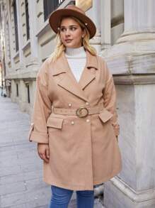 RueChic Plus Lapel Neck Double Breasted Belted Overcoat - Camel - View 5