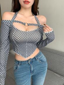 DAZY Women's Cold Shoulder Asymmetrical Hem Plaid T-Shirt
