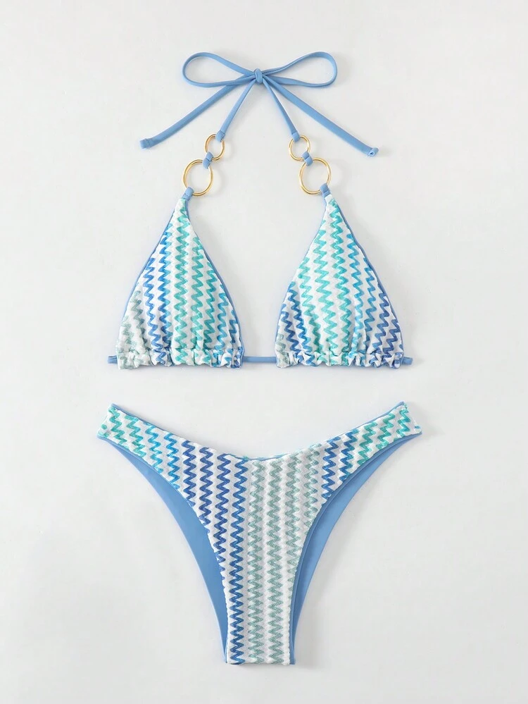 Summer Wave Stripe Print Halter Neck Separated Triangle Bikini Set Carnival