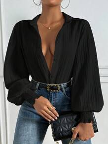 SHEIN Privé Solid Color Lantern Sleeve Shirt - Black - View 1
