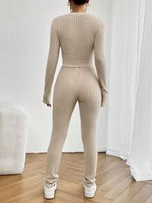 SHEIN Essnce Traje De Punto A Rayas De Un Solo Color Para Mujer - Albaricoque - Ver 2