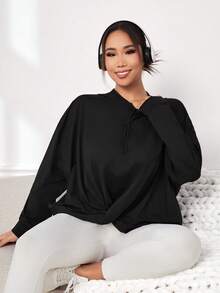 Yoga Basic 大尺碼純色連帽運動衫，抽繩收口包覆式設計 - 黑色 - 查看 4