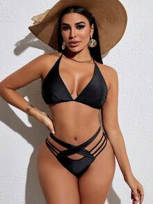 SHEIN Swim Lễ hội âm nhạc quần bikini khoét màu trơn dành cho nữ - màu đen - Xem 3