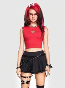 ROMWE Avant Retro Y2K In hoa Báo Nối Tim Đính đá Quần skinny Áo thun - Đỏ - Xem 4