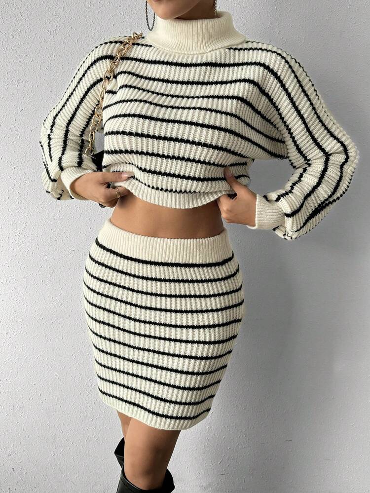 Women'S High Neck Striped Drop Shoulder Sweater And Sweater Skirt Set Fall Cloth For Women