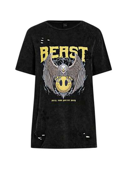 BLESSEDYOUTH Artist Women's Cartoon & Letter Printed Distressed T-Shirt, Graphic Tee For Summer, Holiday, Vacation, Festival