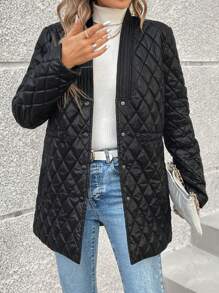 SHEIN Clasi Chaqueta Acolchada Con Diseño De Bolsillo Y Cordón Con Rayas Laterales Para Mujer - Negro - Ver 6