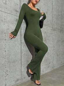 SHEIN Essnce Women'S Scoop Neck Solid Color Unitard Jumpsuit - Green - View 1