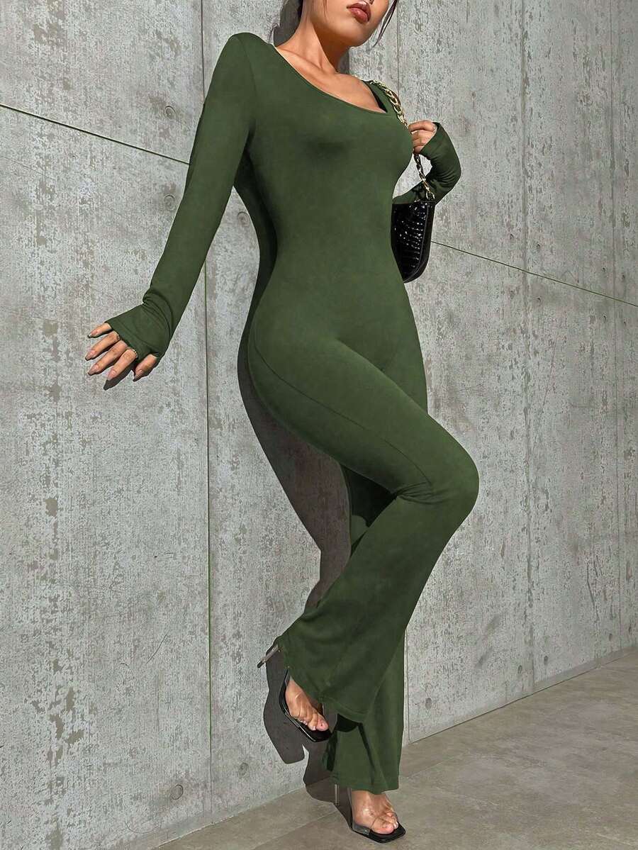 SHEIN Essnce Women'S Scoop Neck Solid Color Unitard Jumpsuit - Green - View 1