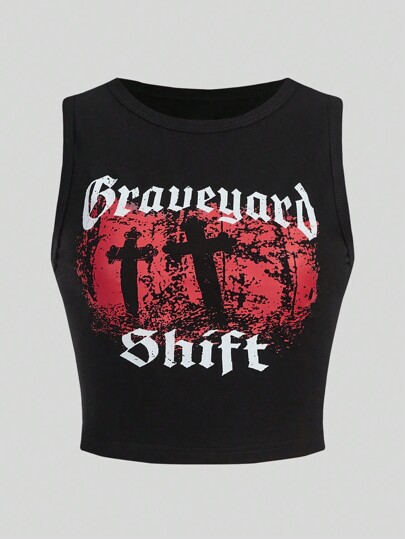 NickBaileyDesigns Goth Top de tirantes ajustado con estampado de cruz y letra, de cuello redondo, apto para verano y colegio