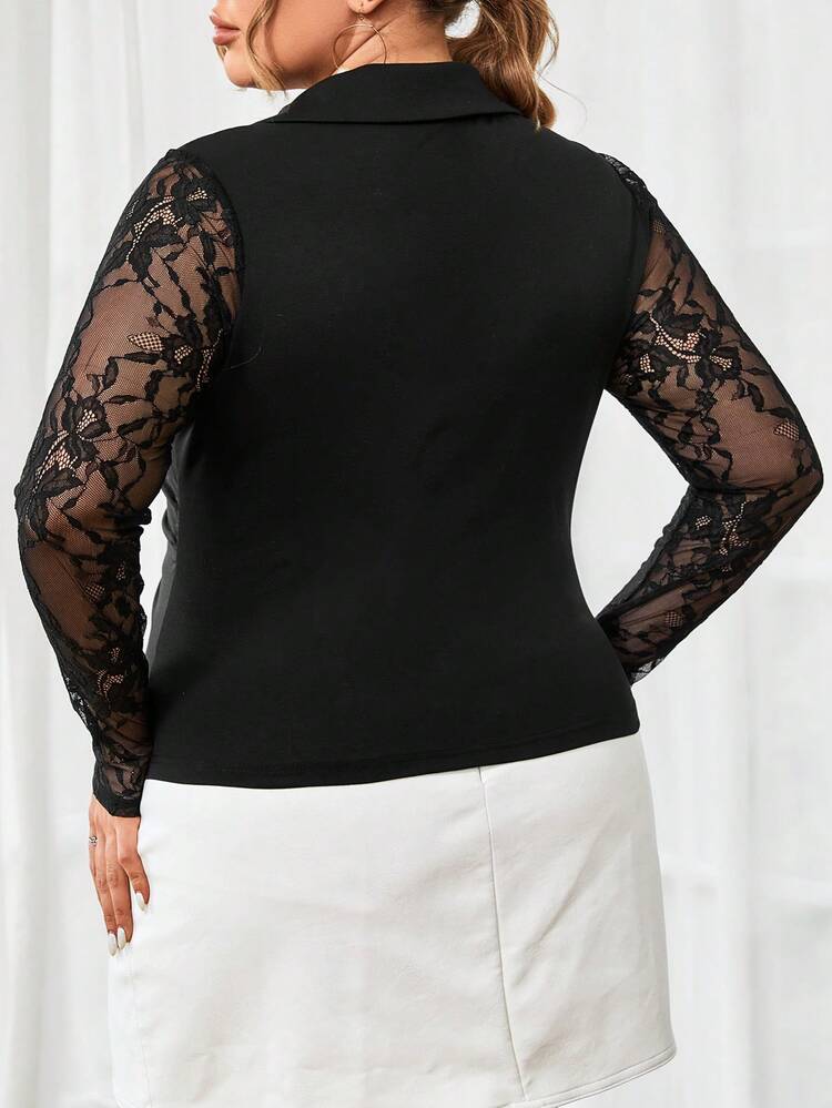 Plus Size Lace Panel Long Sleeve T-Shirt