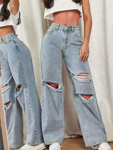 Women'S Loose Straight Leg Distressed Jeans For Streetwear - Light Wash - View 4