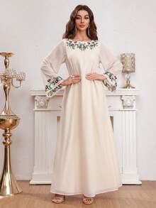 Blumenstickerei Glockenärmel extra langes Kleid