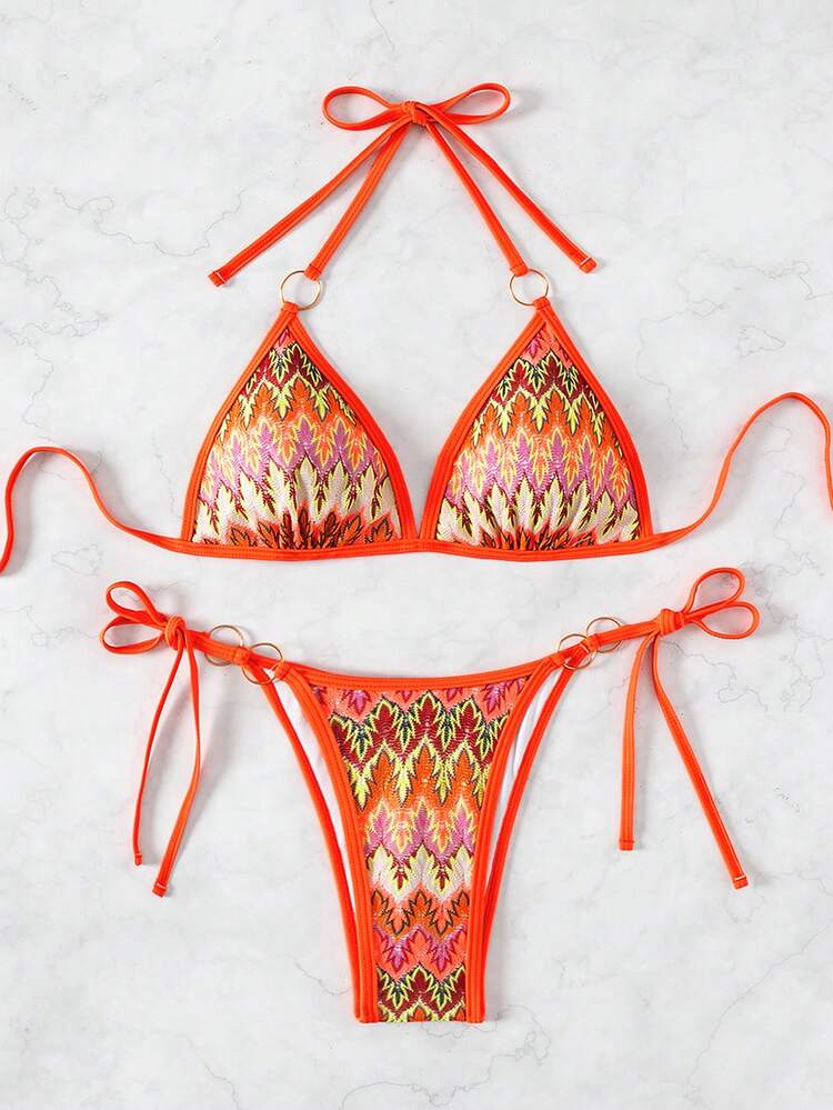 Women Allover Print Halter Ring Detail Two-Piece Bikini, Summer Beach Bathing Suit