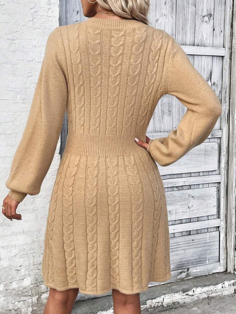 Twisted Knit V-Neck Long Sleeve Sweater Dress With Waist Tailoring, No Belt
