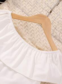 SHEIN Tween Girls 1 Set: White Off Shoulder Top & Mid-Length Skirt, 2pcs Outfit - Yellow - View 6