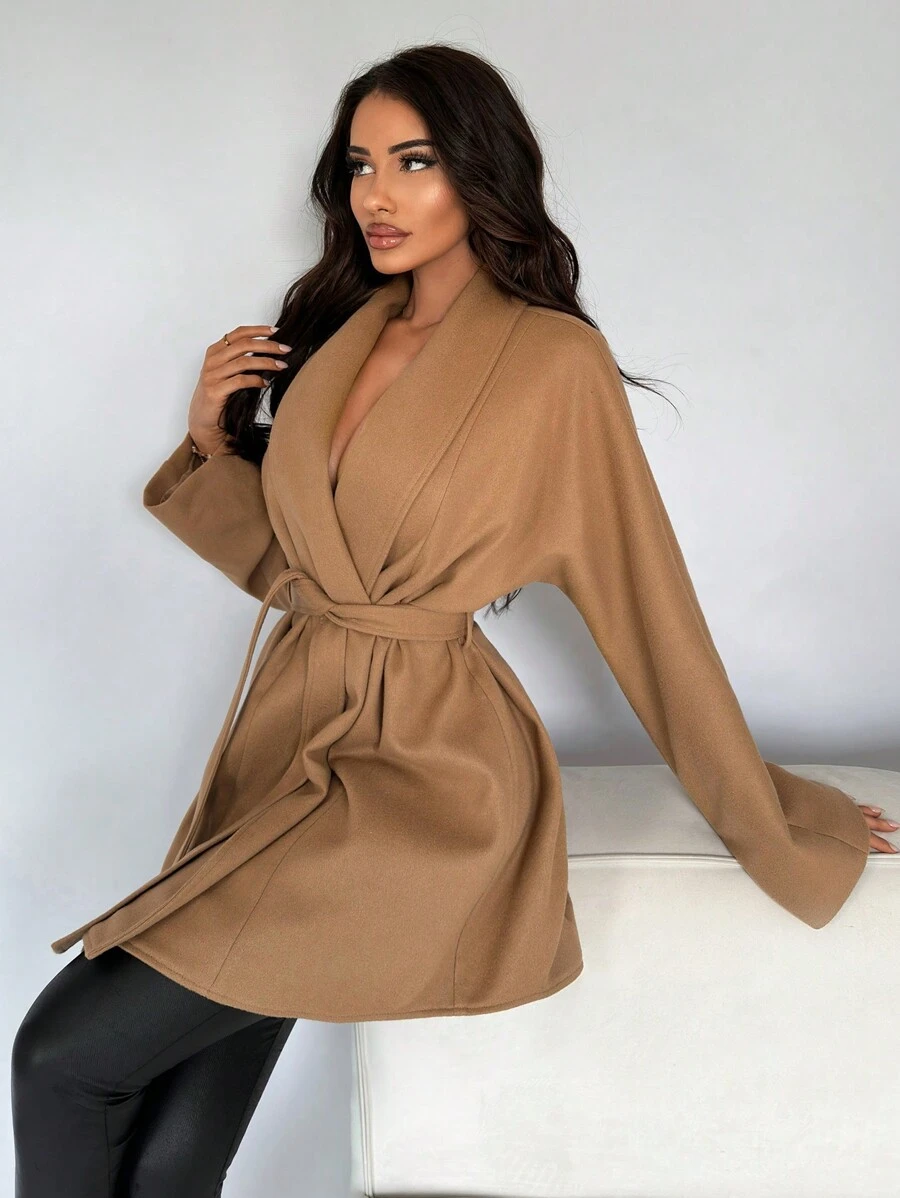 SHEIN SXY Women'S Shawl Collar Belted Woolen Coat - White - View 1