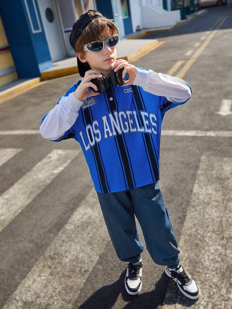 Tween Boy Casual Striped Letter Print 2 In 1 Leaf   Effect Bottoms Two-Piece Set