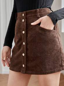 SHEIN Frenchy Plus Size Corduroy Button-front Skirt - Coffee Brown - View 5